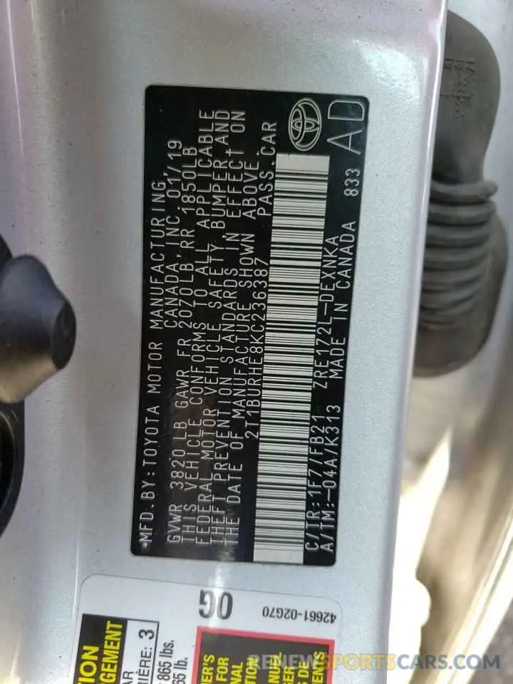 10 Фотография поврежденного автомобиля 2T1BURHE8KC236387 TOYOTA COROLLA 2019