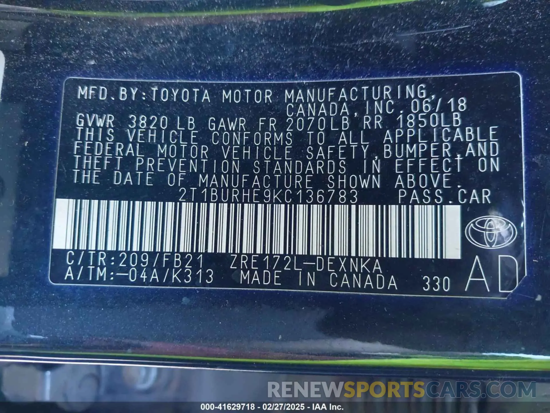 9 Photograph of a damaged car 2T1BURHE9KC136783 TOYOTA COROLLA 2019