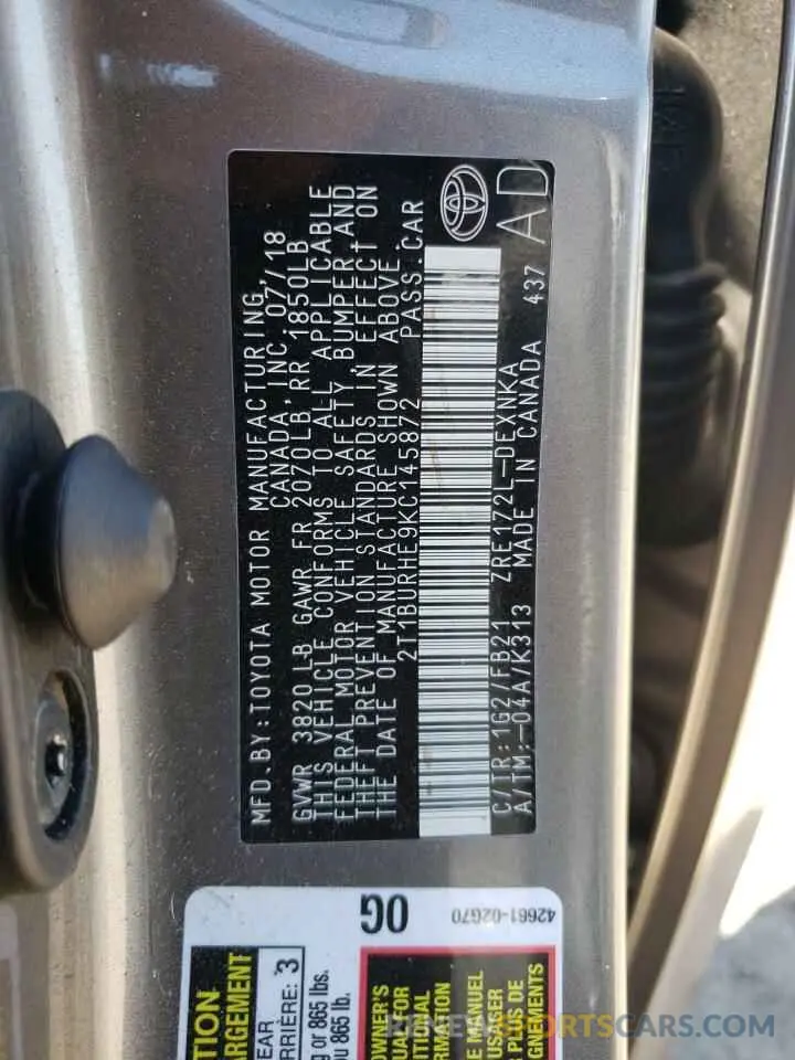 10 Photograph of a damaged car 2T1BURHE9KC145872 TOYOTA COROLLA 2019