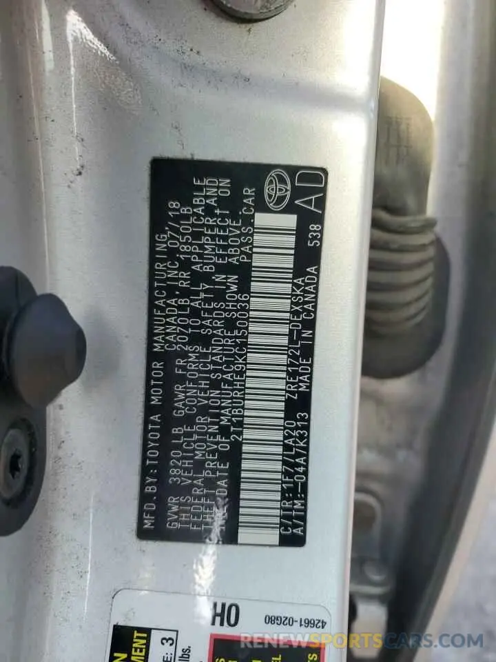 12 Фотография поврежденного автомобиля 2T1BURHE9KC150036 TOYOTA COROLLA 2019