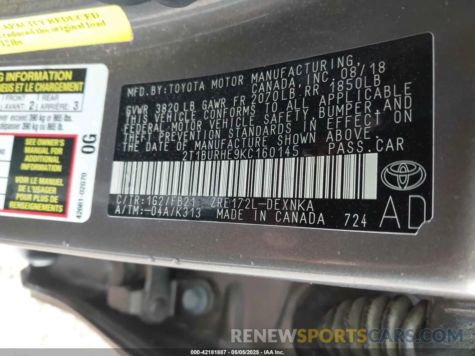 9 Фотография поврежденного автомобиля 2T1BURHE9KC160145 TOYOTA COROLLA 2019