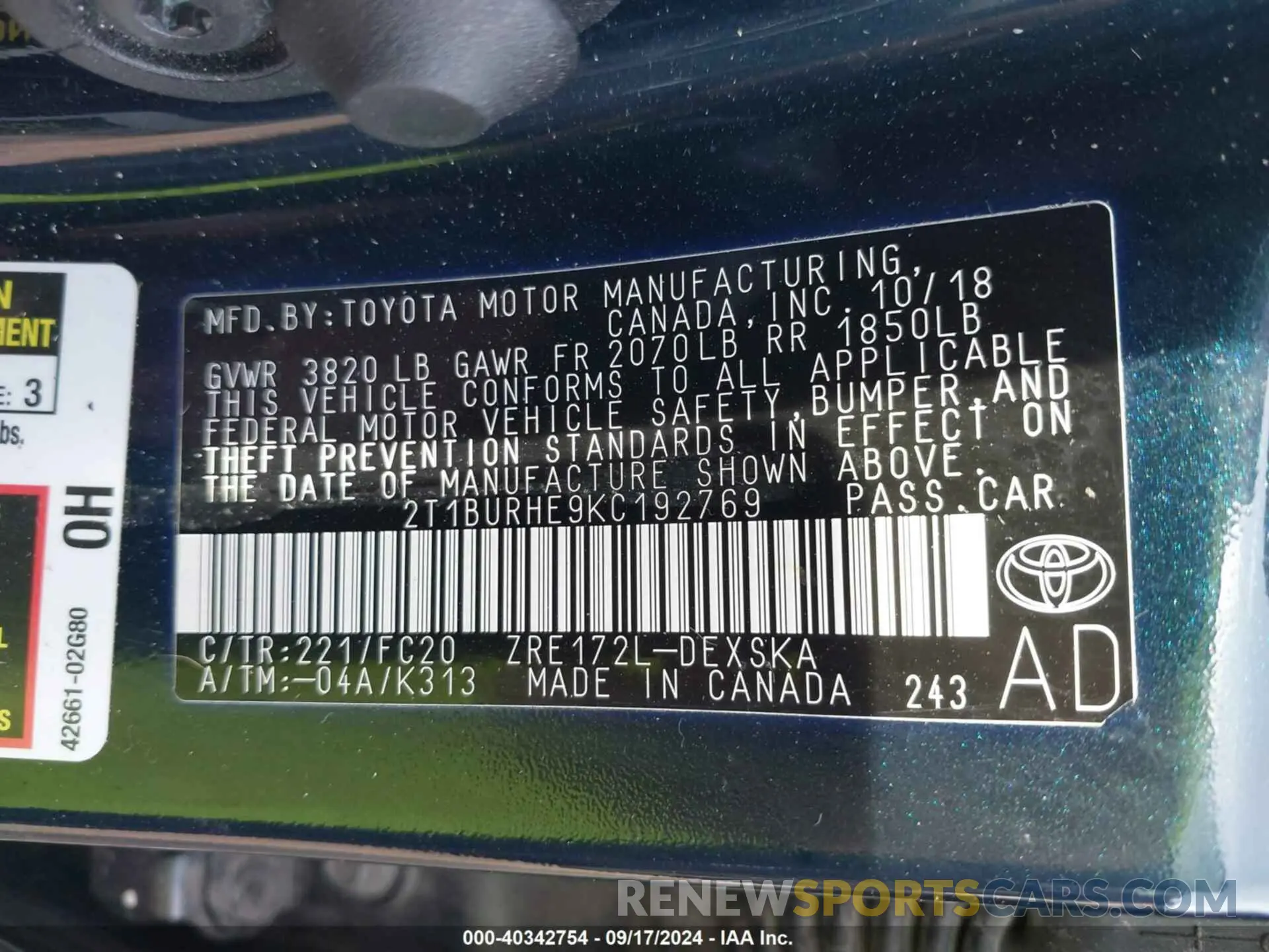 9 Photograph of a damaged car 2T1BURHE9KC192769 TOYOTA COROLLA 2019