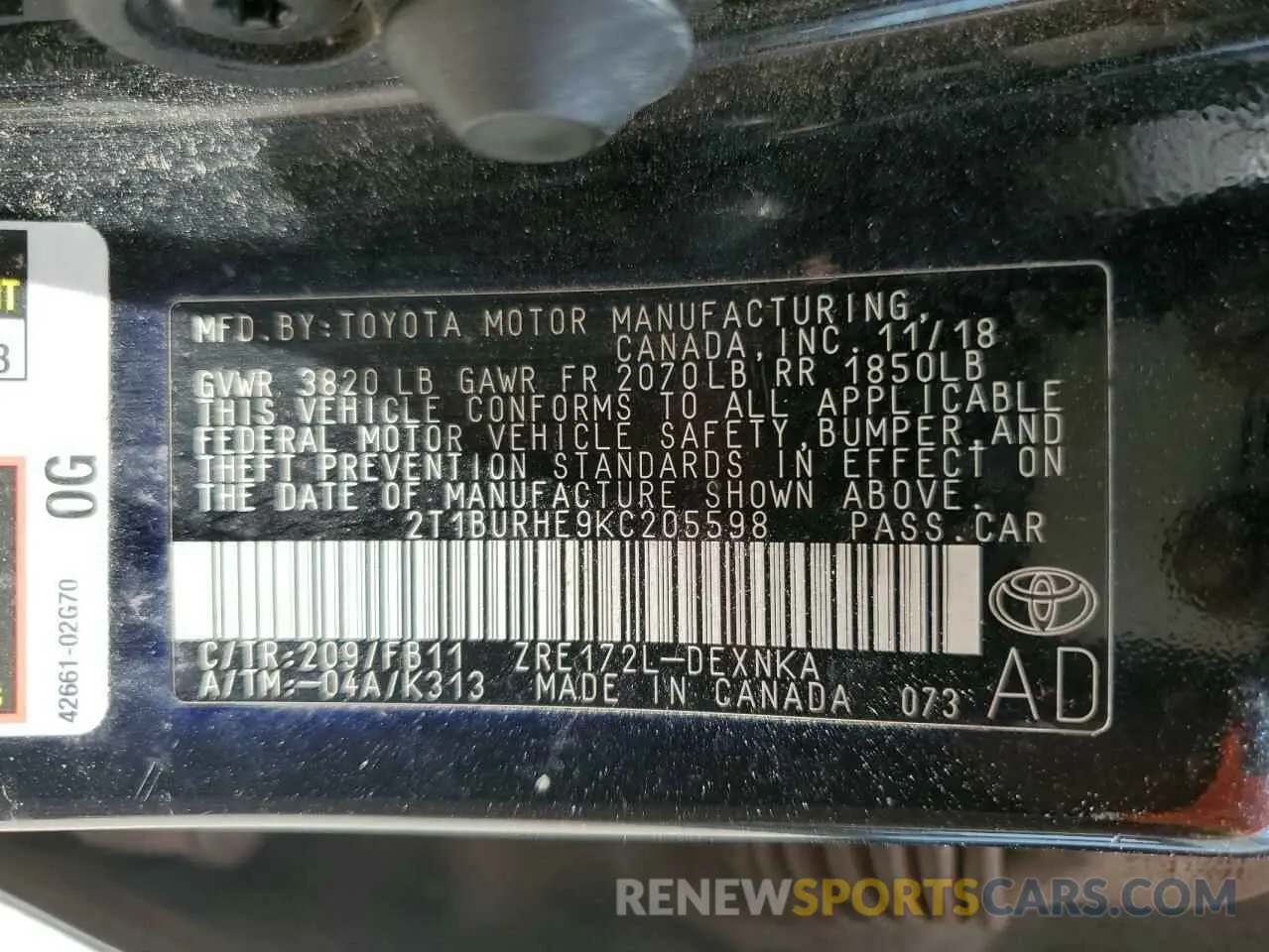 13 Photograph of a damaged car 2T1BURHE9KC205598 TOYOTA COROLLA 2019