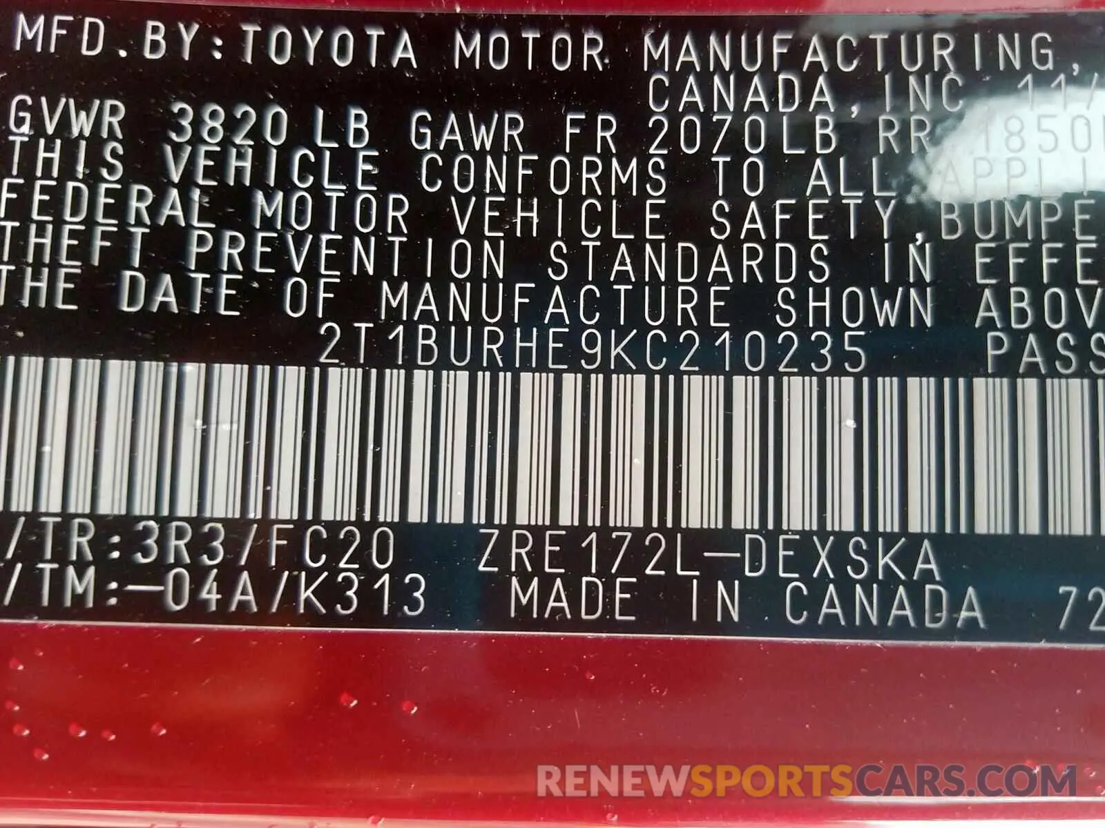 10 Photograph of a damaged car 2T1BURHE9KC210235 TOYOTA COROLLA 2019