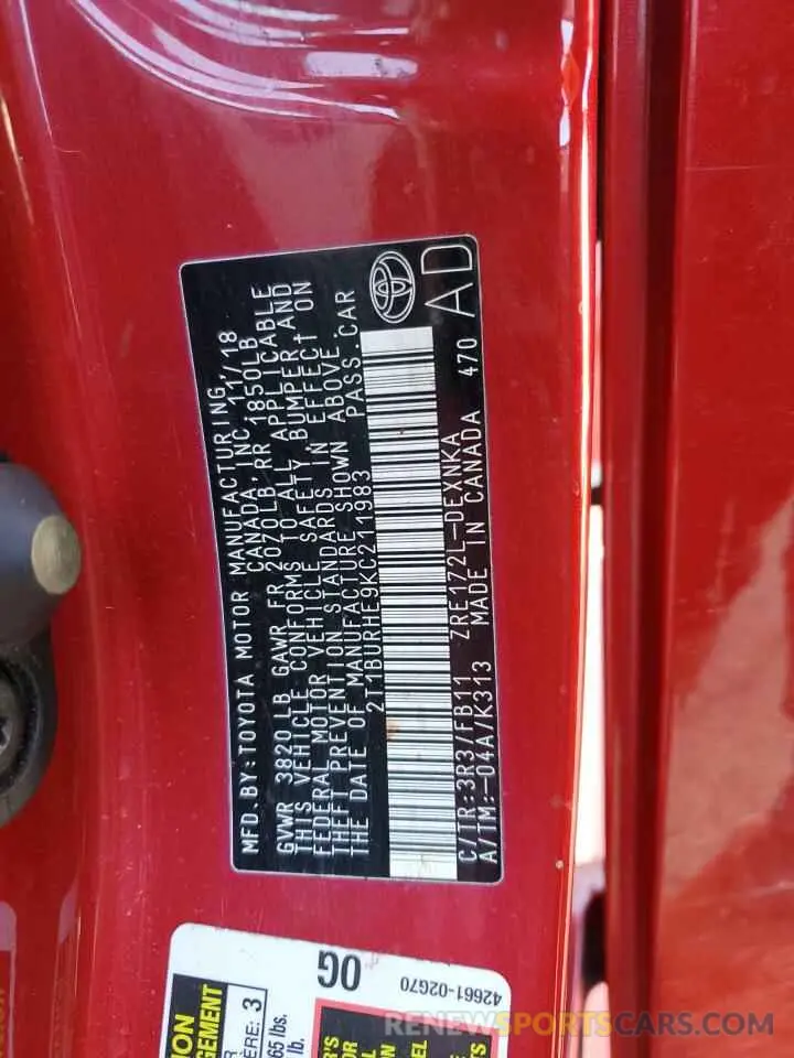 13 Photograph of a damaged car 2T1BURHE9KC211983 TOYOTA COROLLA 2019