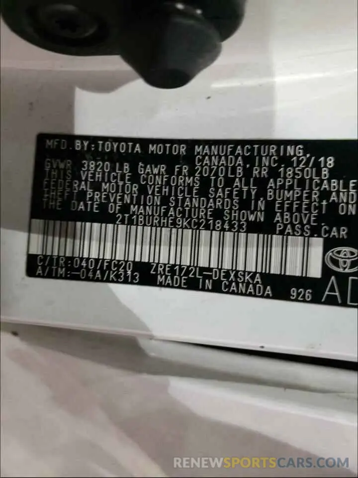 10 Photograph of a damaged car 2T1BURHE9KC218433 TOYOTA COROLLA 2019