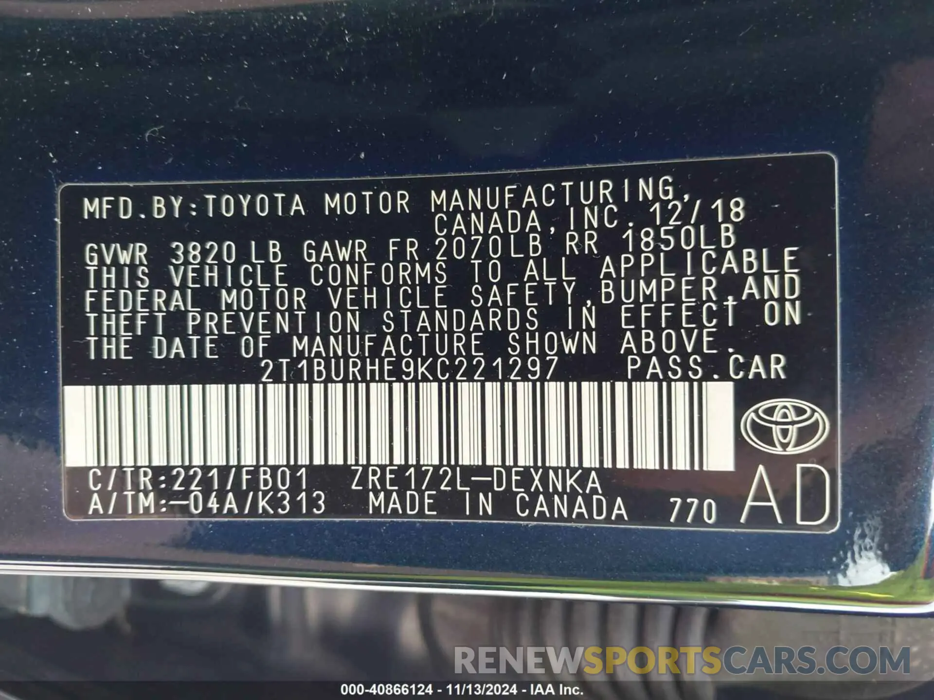 9 Photograph of a damaged car 2T1BURHE9KC221297 TOYOTA COROLLA 2019