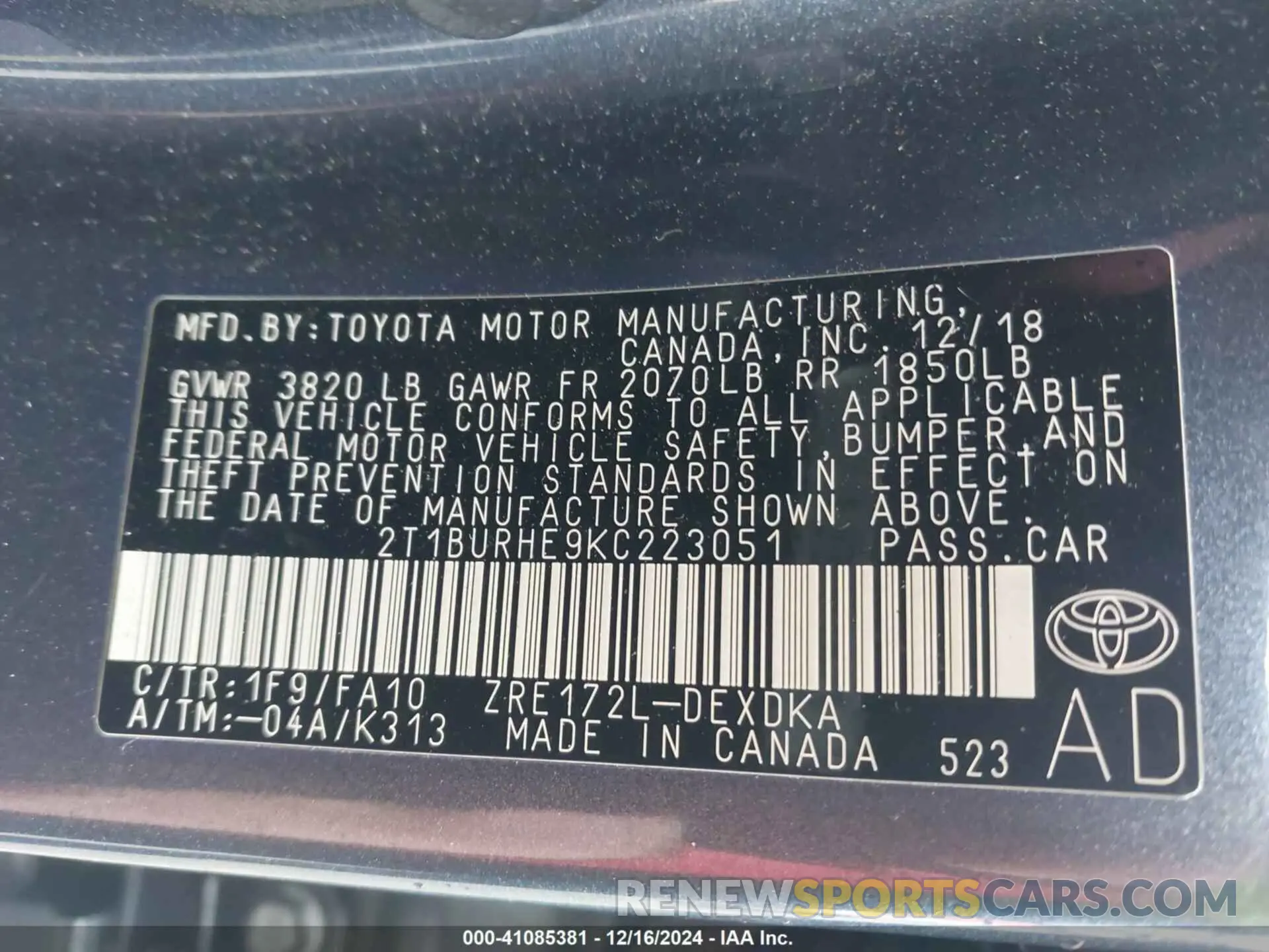 9 Photograph of a damaged car 2T1BURHE9KC223051 TOYOTA COROLLA 2019
