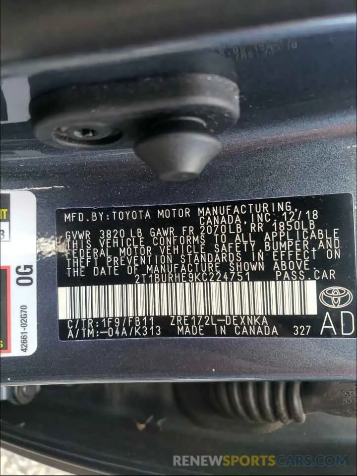 10 Photograph of a damaged car 2T1BURHE9KC224751 TOYOTA COROLLA 2019