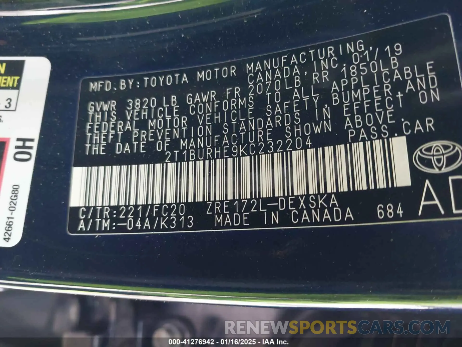 9 Photograph of a damaged car 2T1BURHE9KC232204 TOYOTA COROLLA 2019