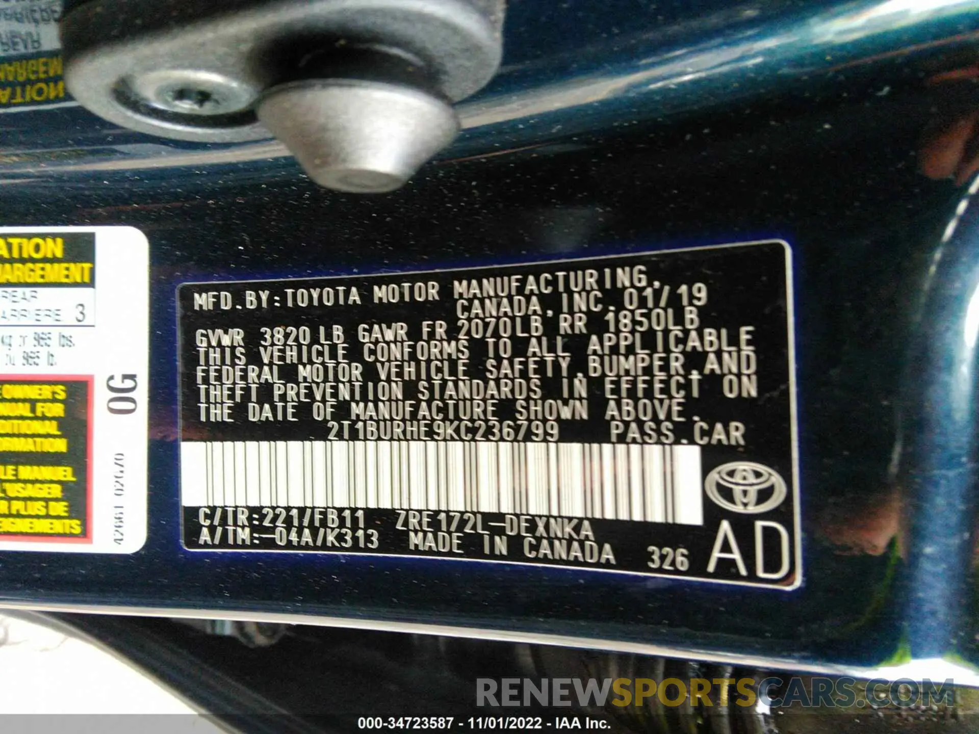 9 Фотография поврежденного автомобиля 2T1BURHE9KC236799 TOYOTA COROLLA 2019