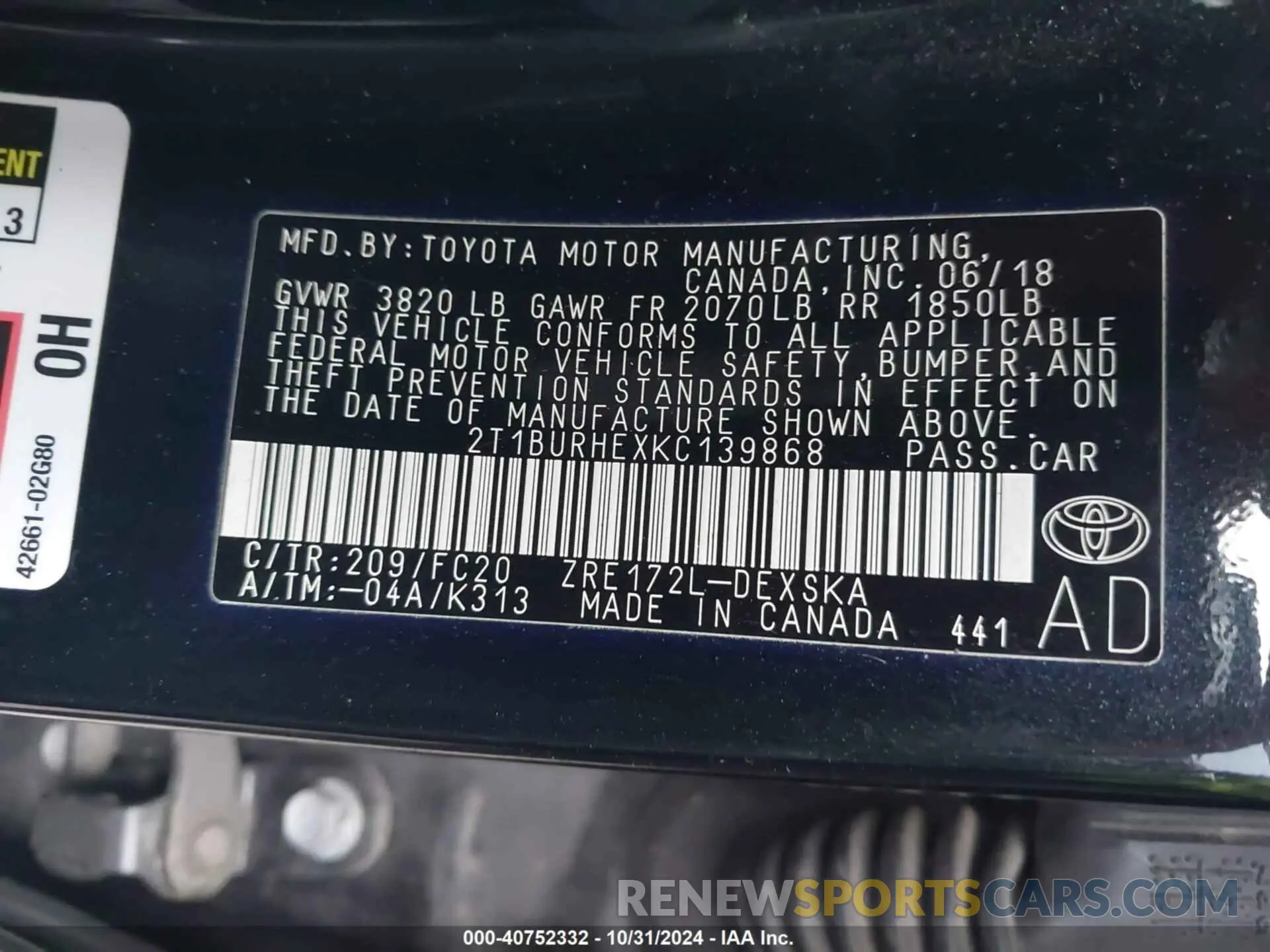 9 Photograph of a damaged car 2T1BURHEXKC139868 TOYOTA COROLLA 2019