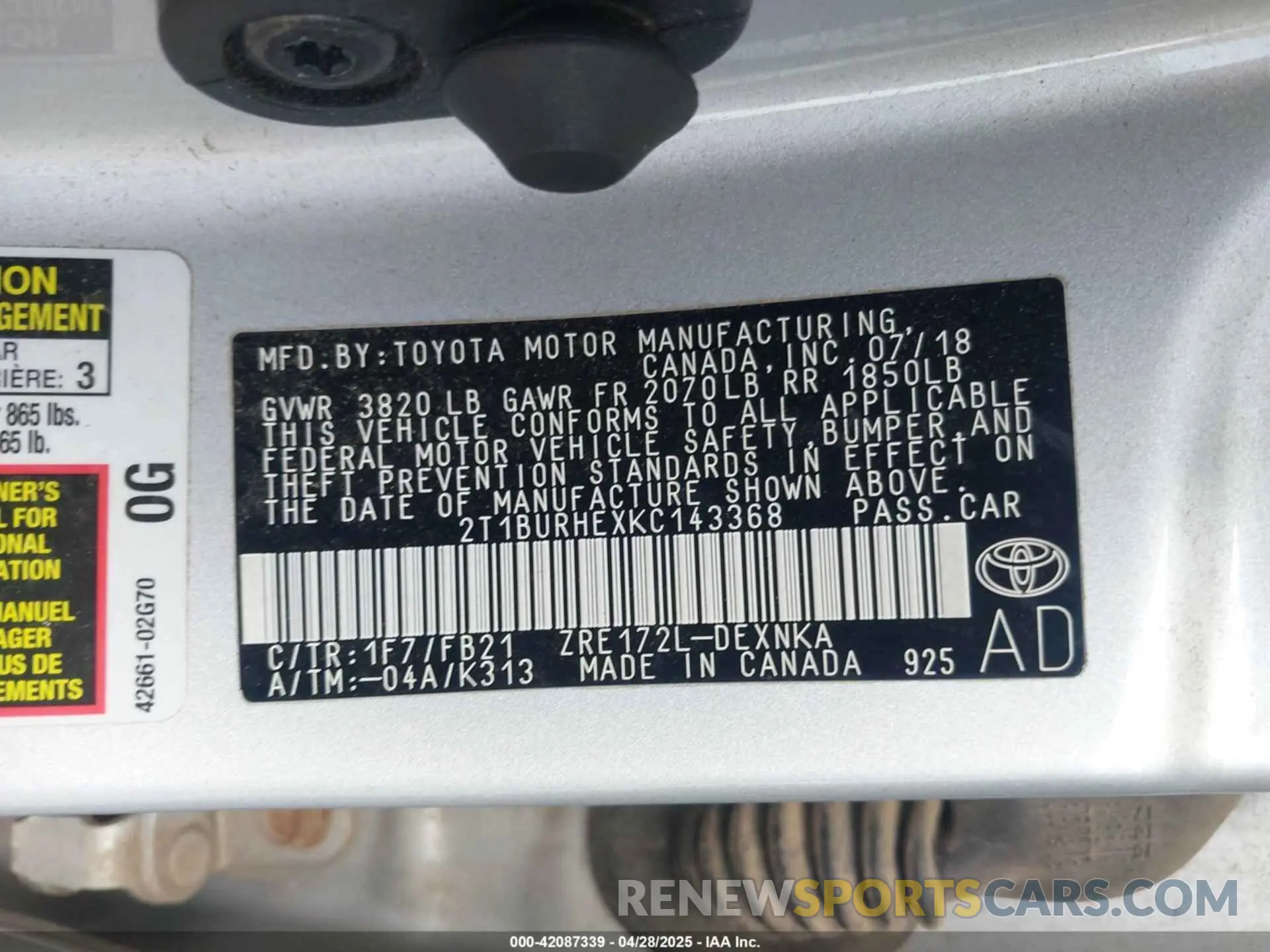 9 Фотография поврежденного автомобиля 2T1BURHEXKC143368 TOYOTA COROLLA 2019
