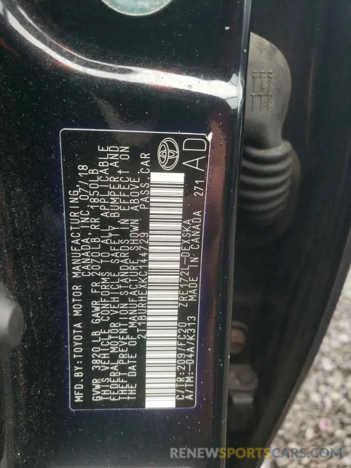 12 Photograph of a damaged car 2T1BURHEXKC144729 TOYOTA COROLLA 2019