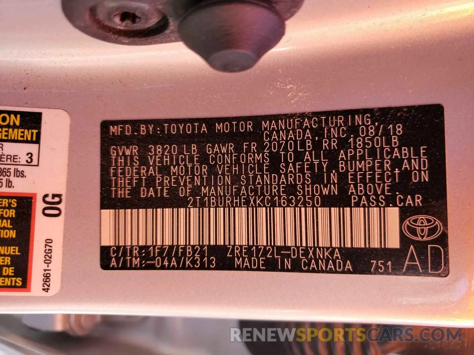 10 Photograph of a damaged car 2T1BURHEXKC163250 TOYOTA COROLLA 2019