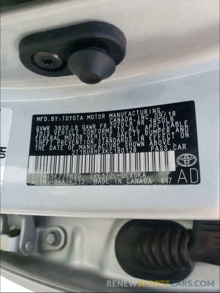 10 Photograph of a damaged car 2T1BURHEXKC180128 TOYOTA COROLLA 2019