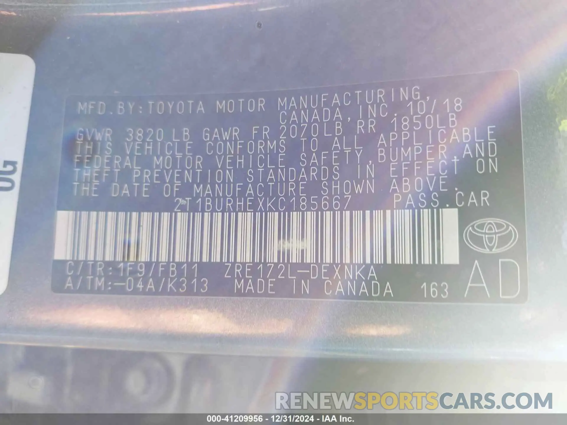 9 Фотография поврежденного автомобиля 2T1BURHEXKC185667 TOYOTA COROLLA 2019