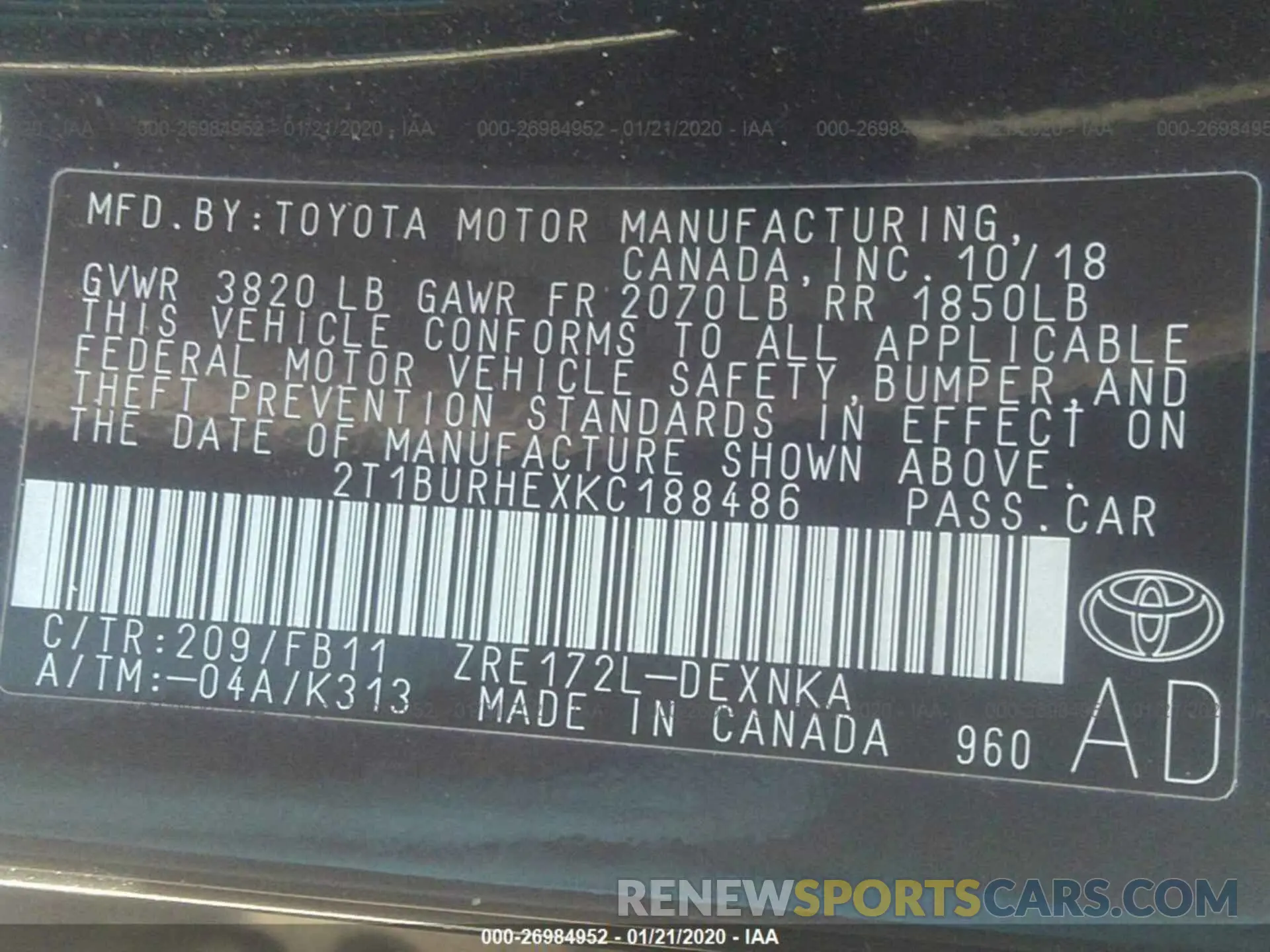 9 Photograph of a damaged car 2T1BURHEXKC188486 TOYOTA COROLLA 2019