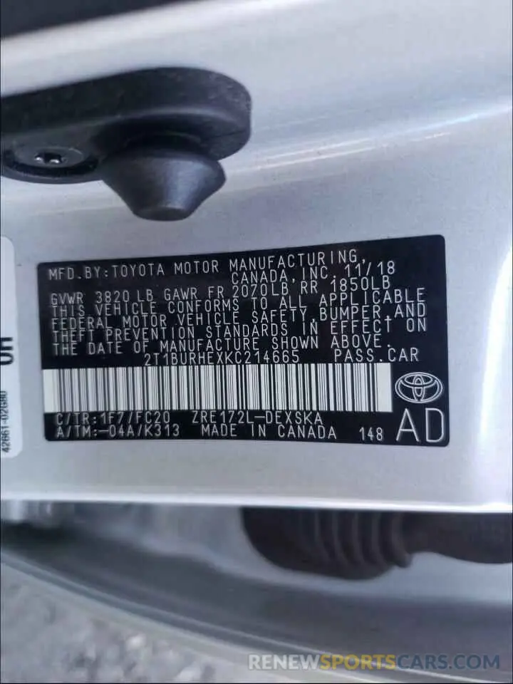 10 Photograph of a damaged car 2T1BURHEXKC214665 TOYOTA COROLLA 2019