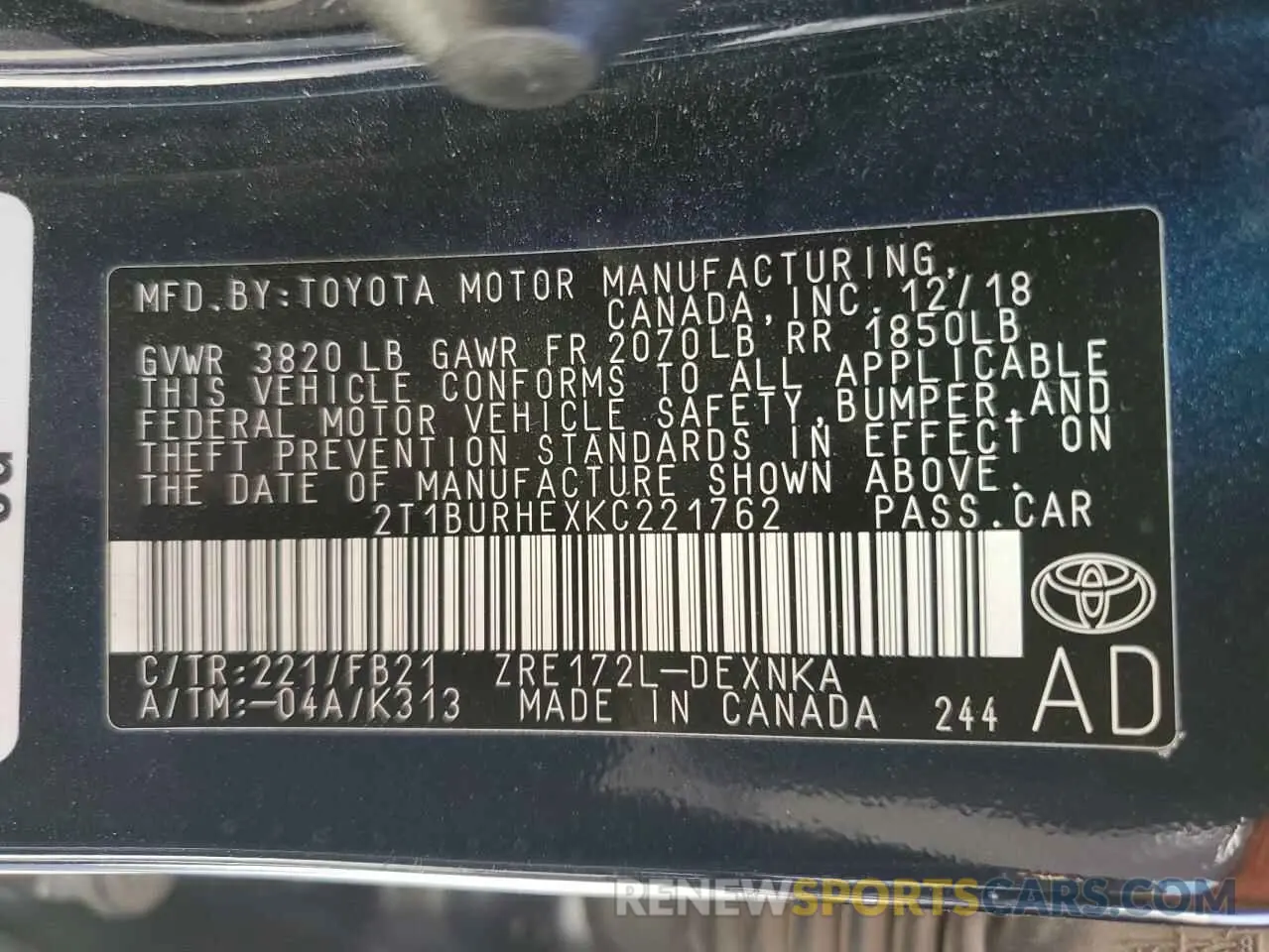 12 Photograph of a damaged car 2T1BURHEXKC221762 TOYOTA COROLLA 2019