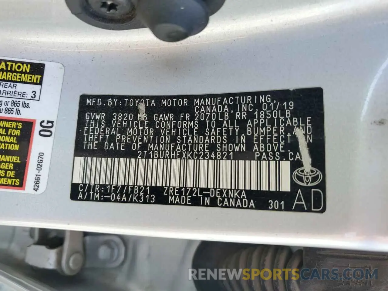12 Photograph of a damaged car 2T1BURHEXKC234821 TOYOTA COROLLA 2019