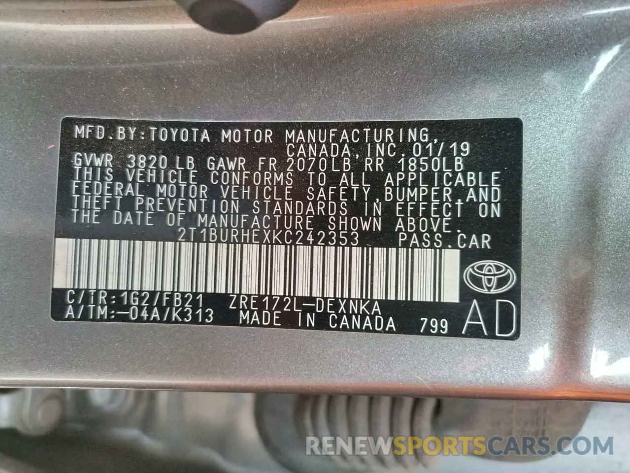13 Photograph of a damaged car 2T1BURHEXKC242353 TOYOTA COROLLA 2019