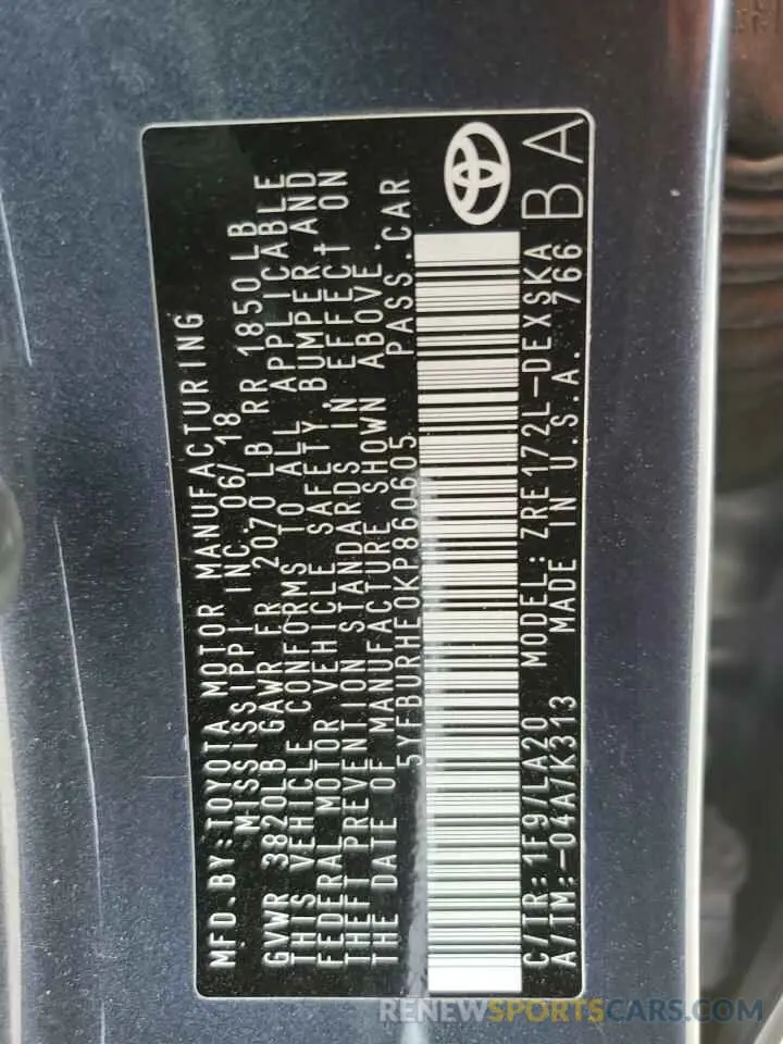 12 Photograph of a damaged car 5YFBURHE0KP860605 TOYOTA COROLLA 2019