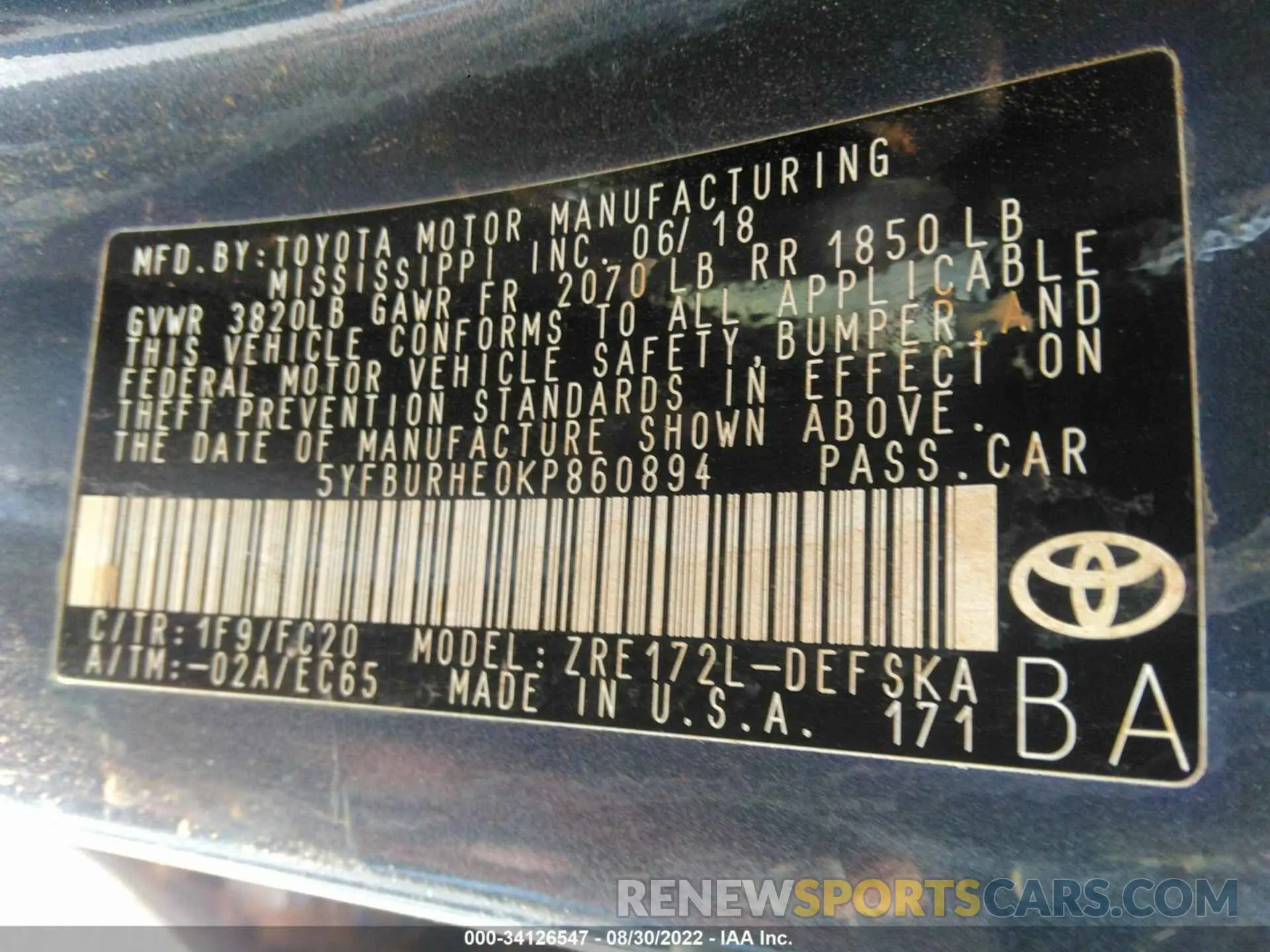 9 Photograph of a damaged car 5YFBURHE0KP860894 TOYOTA COROLLA 2019