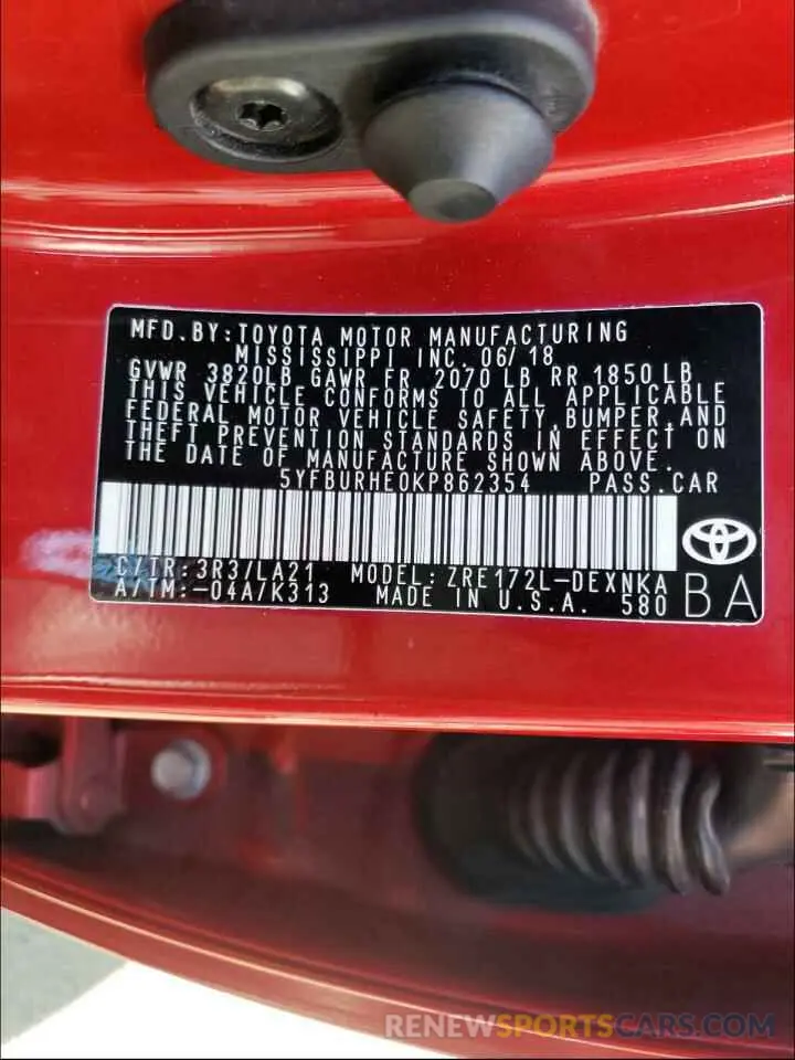 10 Photograph of a damaged car 5YFBURHE0KP862354 TOYOTA COROLLA 2019
