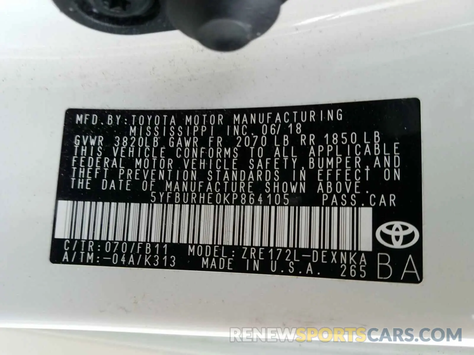 10 Photograph of a damaged car 5YFBURHE0KP864105 TOYOTA COROLLA 2019
