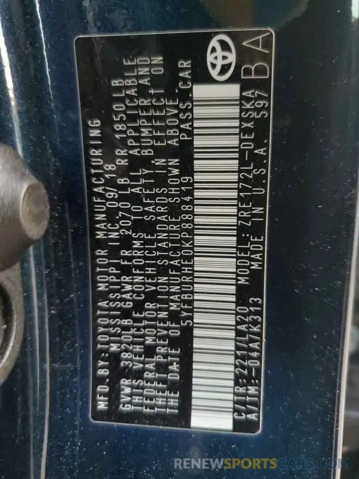 13 Photograph of a damaged car 5YFBURHE0KP888419 TOYOTA COROLLA 2019