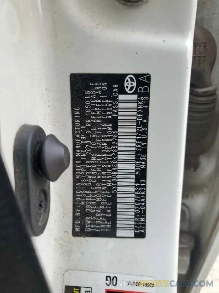 12 Photograph of a damaged car 5YFBURHE0KP892289 TOYOTA COROLLA 2019