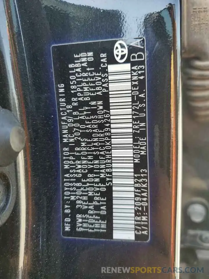 13 Photograph of a damaged car 5YFBURHE0KP894267 TOYOTA COROLLA 2019