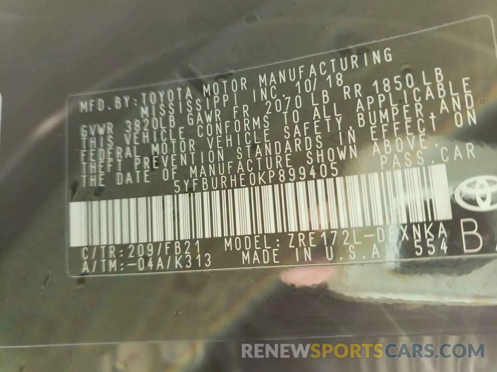 10 Photograph of a damaged car 5YFBURHE0KP899405 TOYOTA COROLLA 2019