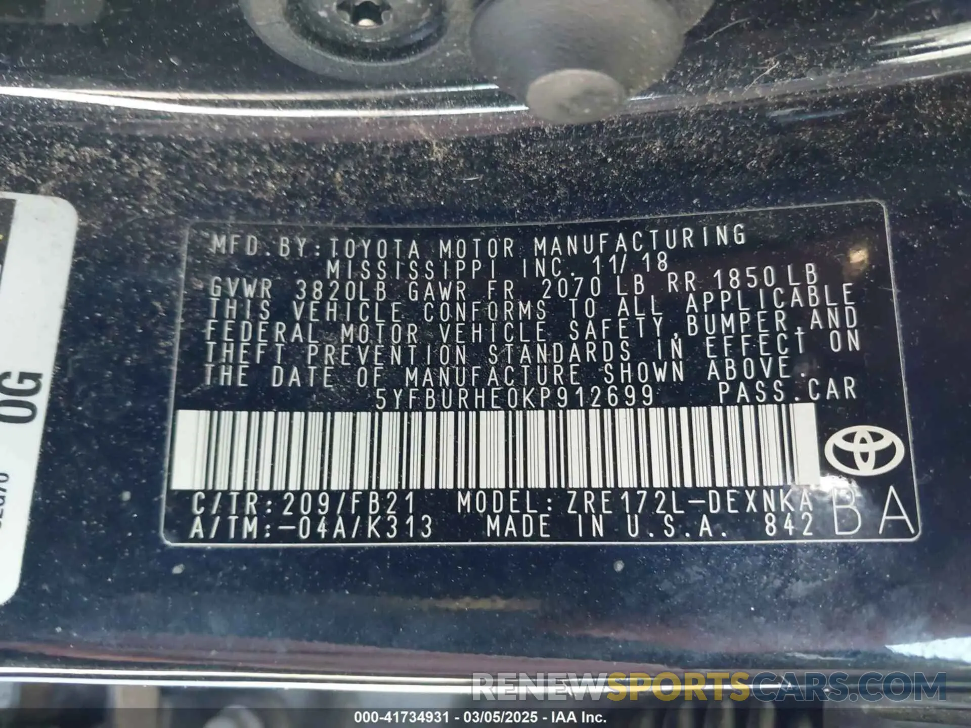 9 Фотография поврежденного автомобиля 5YFBURHE0KP912699 TOYOTA COROLLA 2019