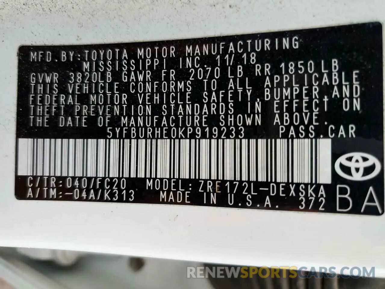 12 Фотография поврежденного автомобиля 5YFBURHE0KP919233 TOYOTA COROLLA 2019