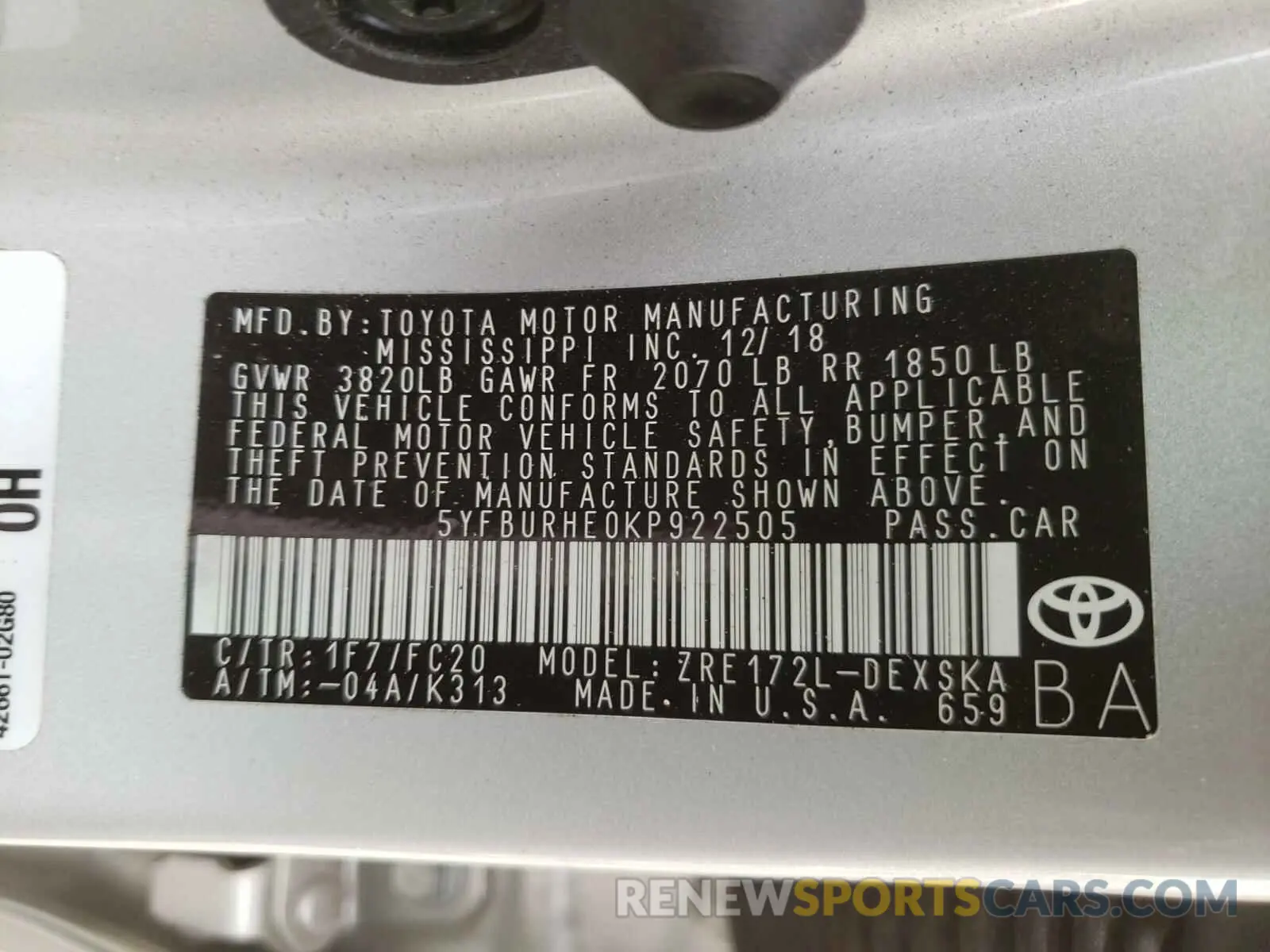 10 Photograph of a damaged car 5YFBURHE0KP922505 TOYOTA COROLLA 2019