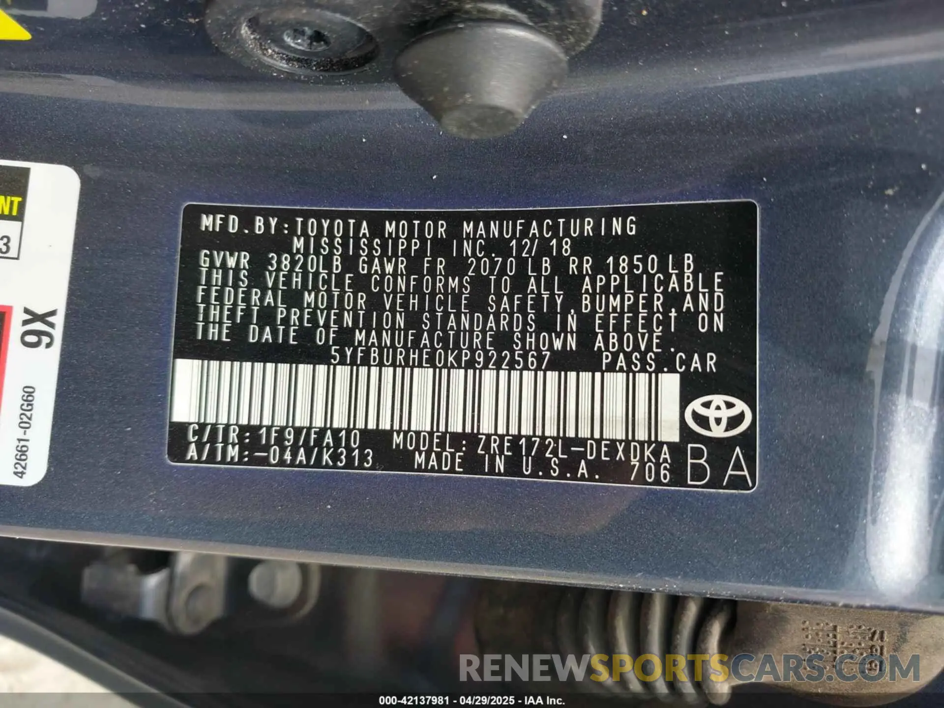 9 Фотография поврежденного автомобиля 5YFBURHE0KP922567 TOYOTA COROLLA 2019