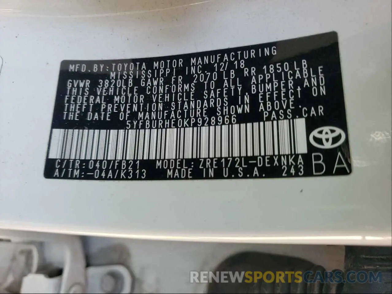 10 Photograph of a damaged car 5YFBURHE0KP928966 TOYOTA COROLLA 2019