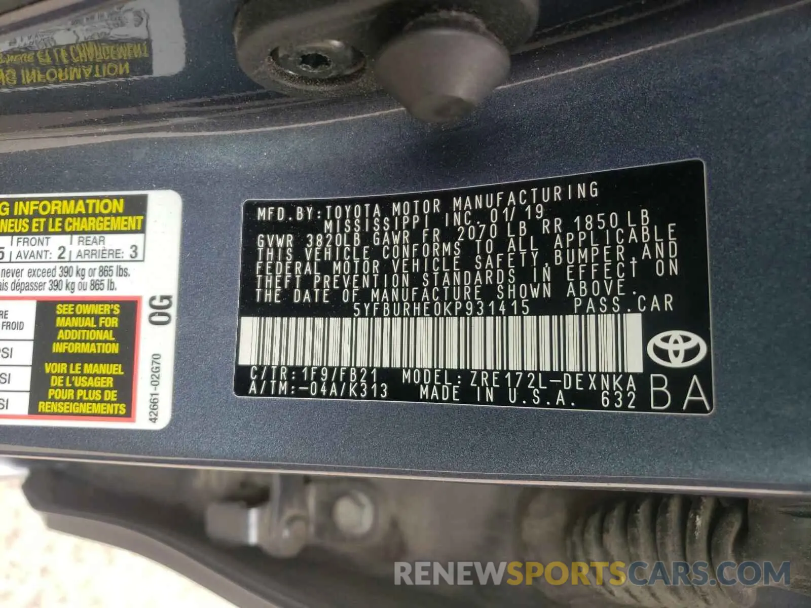 10 Photograph of a damaged car 5YFBURHE0KP931415 TOYOTA COROLLA 2019