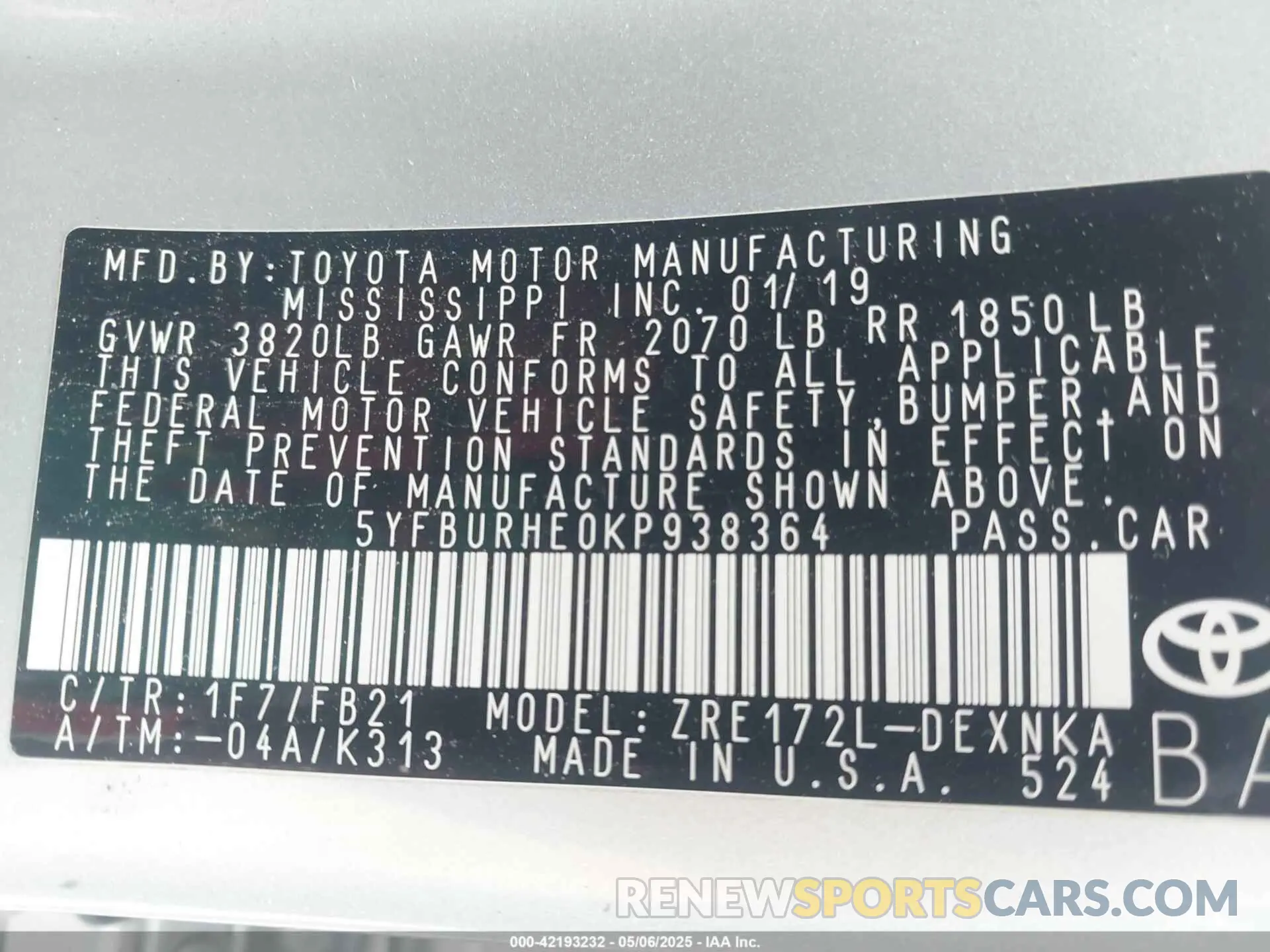 9 Photograph of a damaged car 5YFBURHE0KP938364 TOYOTA COROLLA 2019