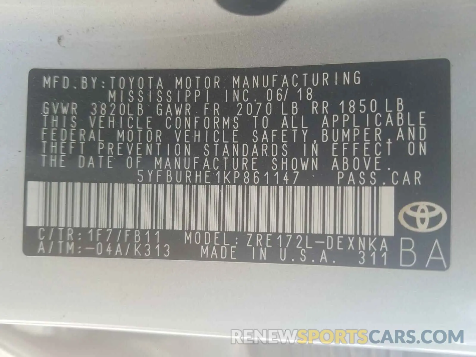 10 Photograph of a damaged car 5YFBURHE1KP861147 TOYOTA COROLLA 2019