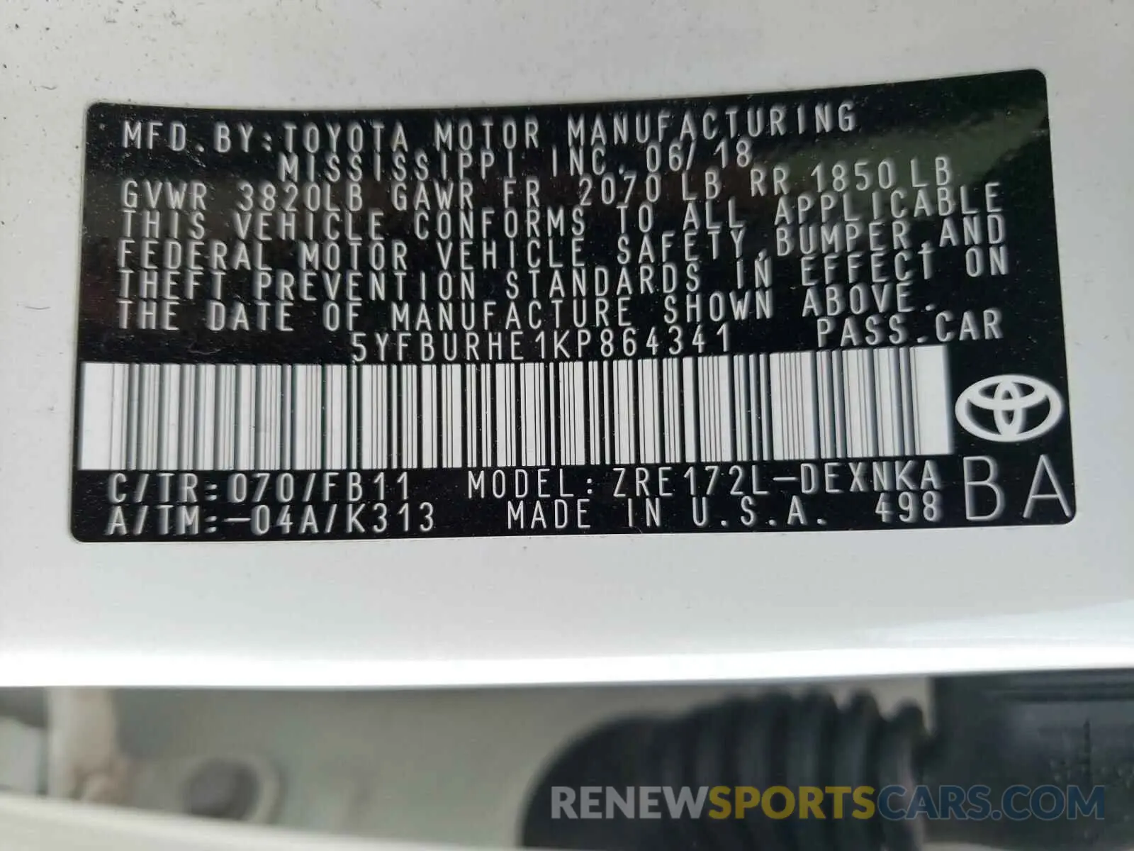 10 Photograph of a damaged car 5YFBURHE1KP864341 TOYOTA COROLLA 2019
