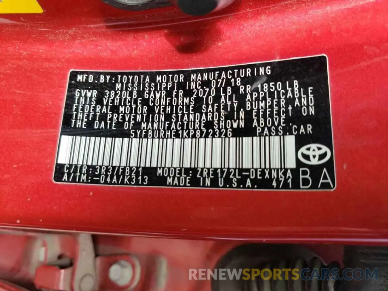 10 Photograph of a damaged car 5YFBURHE1KP872326 TOYOTA COROLLA 2019