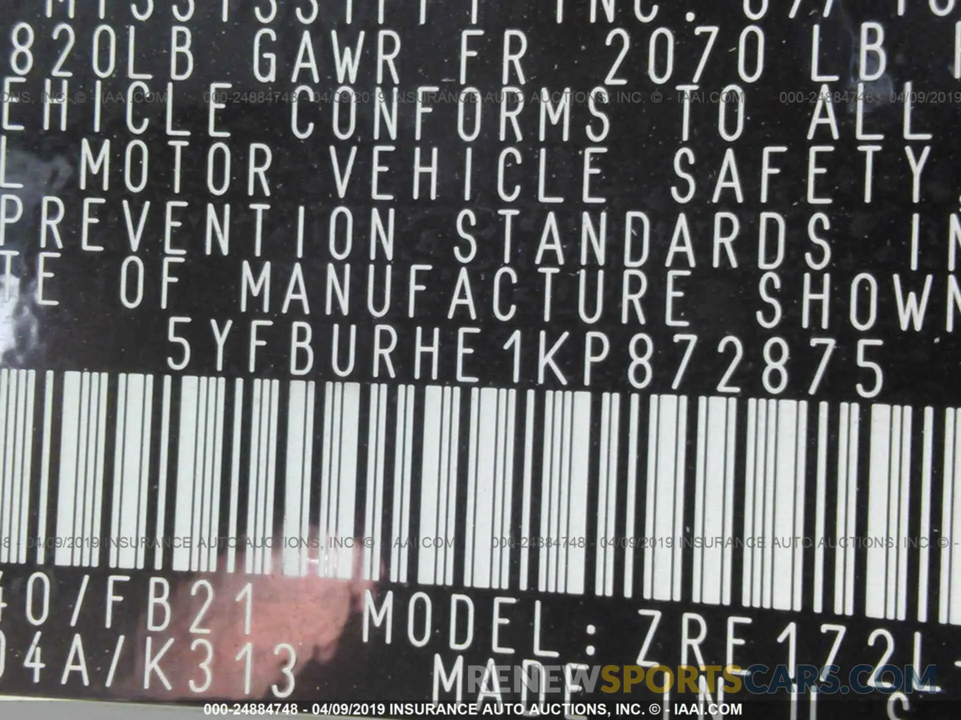 9 Photograph of a damaged car 5YFBURHE1KP872875 TOYOTA COROLLA 2019