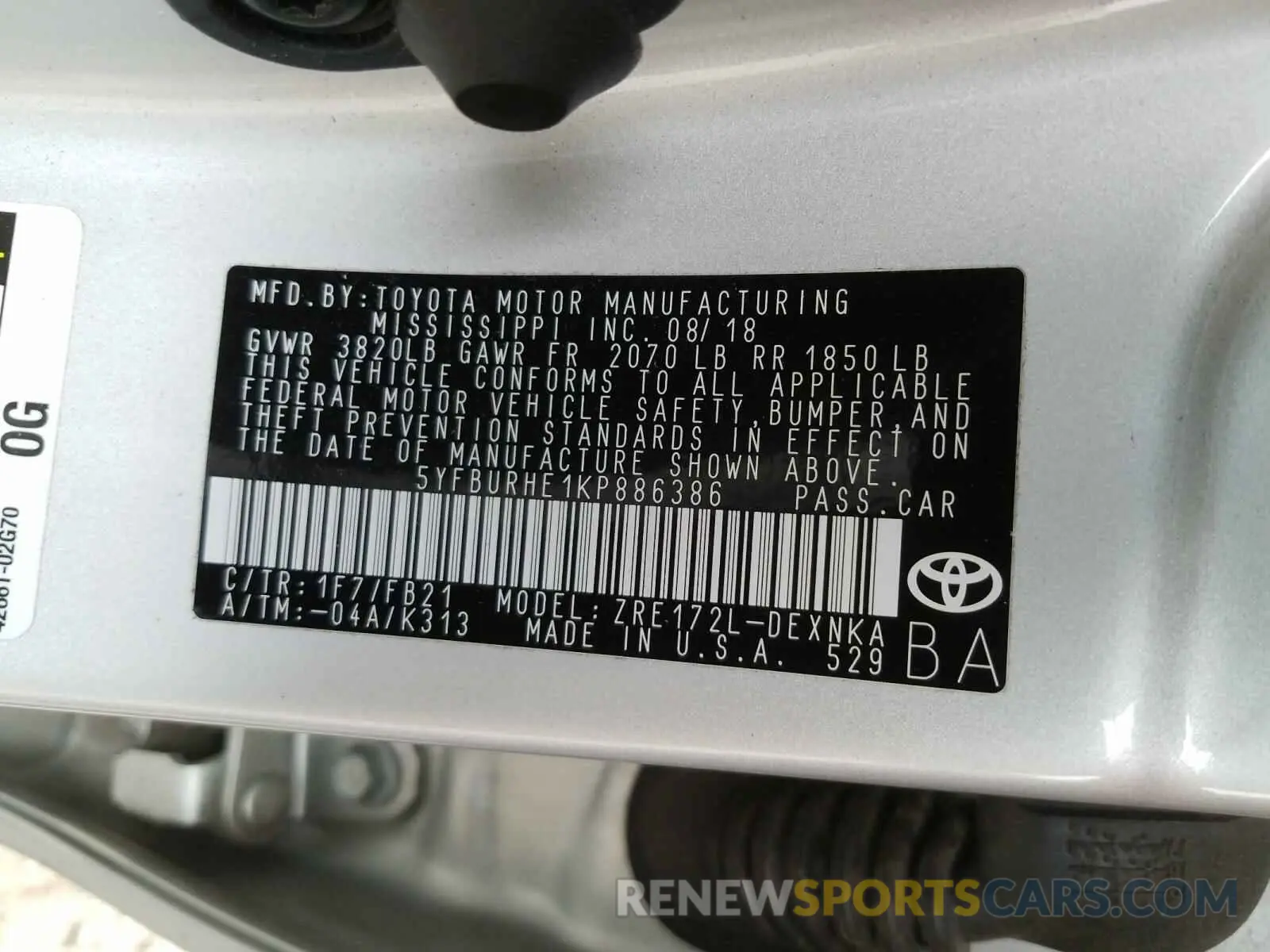 10 Photograph of a damaged car 5YFBURHE1KP886386 TOYOTA COROLLA 2019