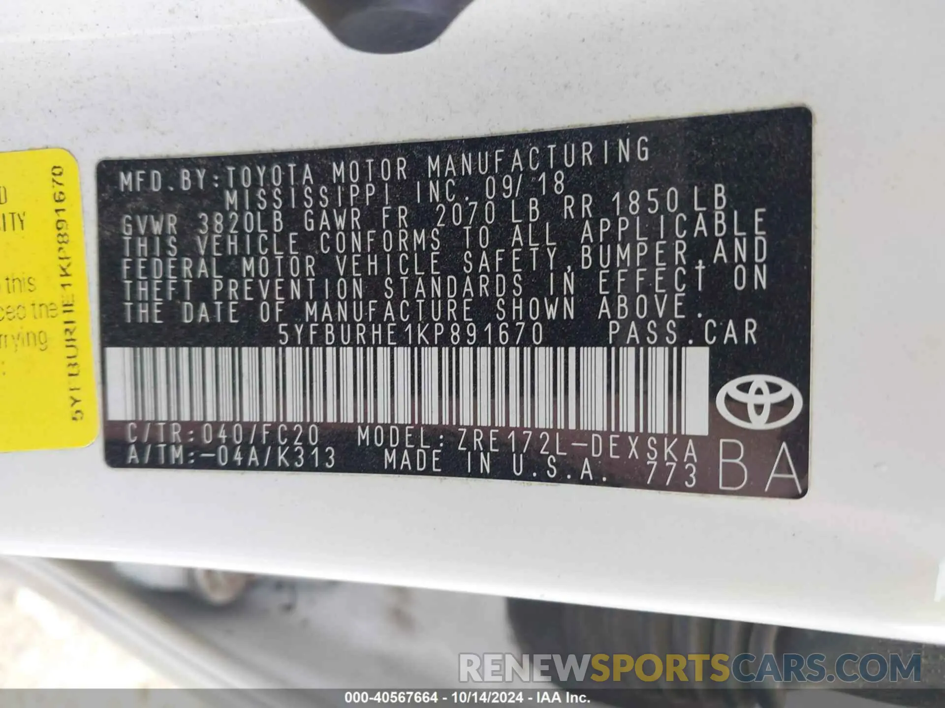 9 Фотография поврежденного автомобиля 5YFBURHE1KP891670 TOYOTA COROLLA 2019