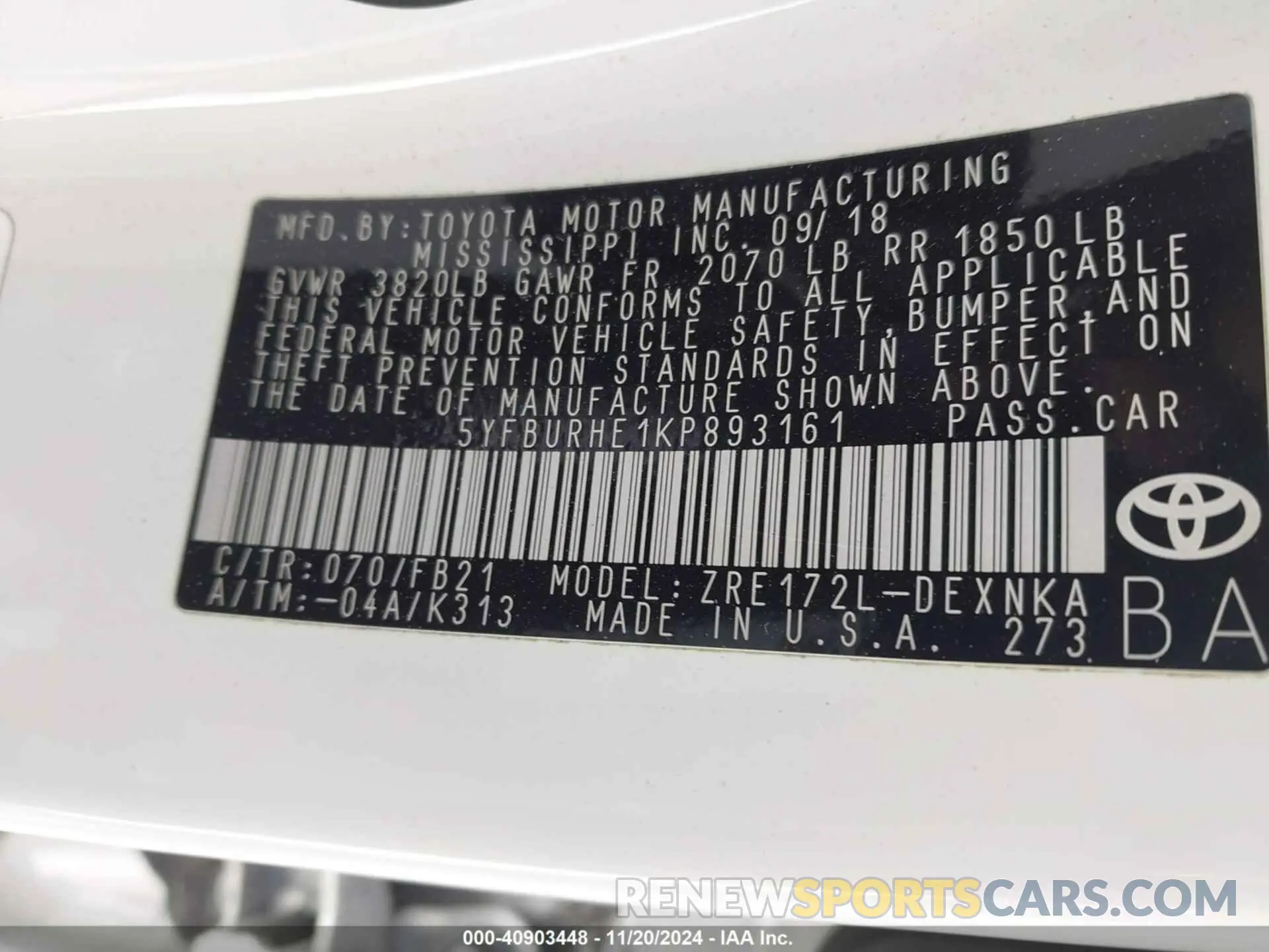 9 Photograph of a damaged car 5YFBURHE1KP893161 TOYOTA COROLLA 2019
