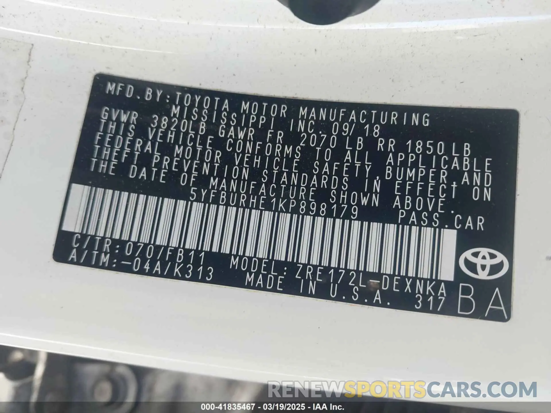 9 Photograph of a damaged car 5YFBURHE1KP898179 TOYOTA COROLLA 2019