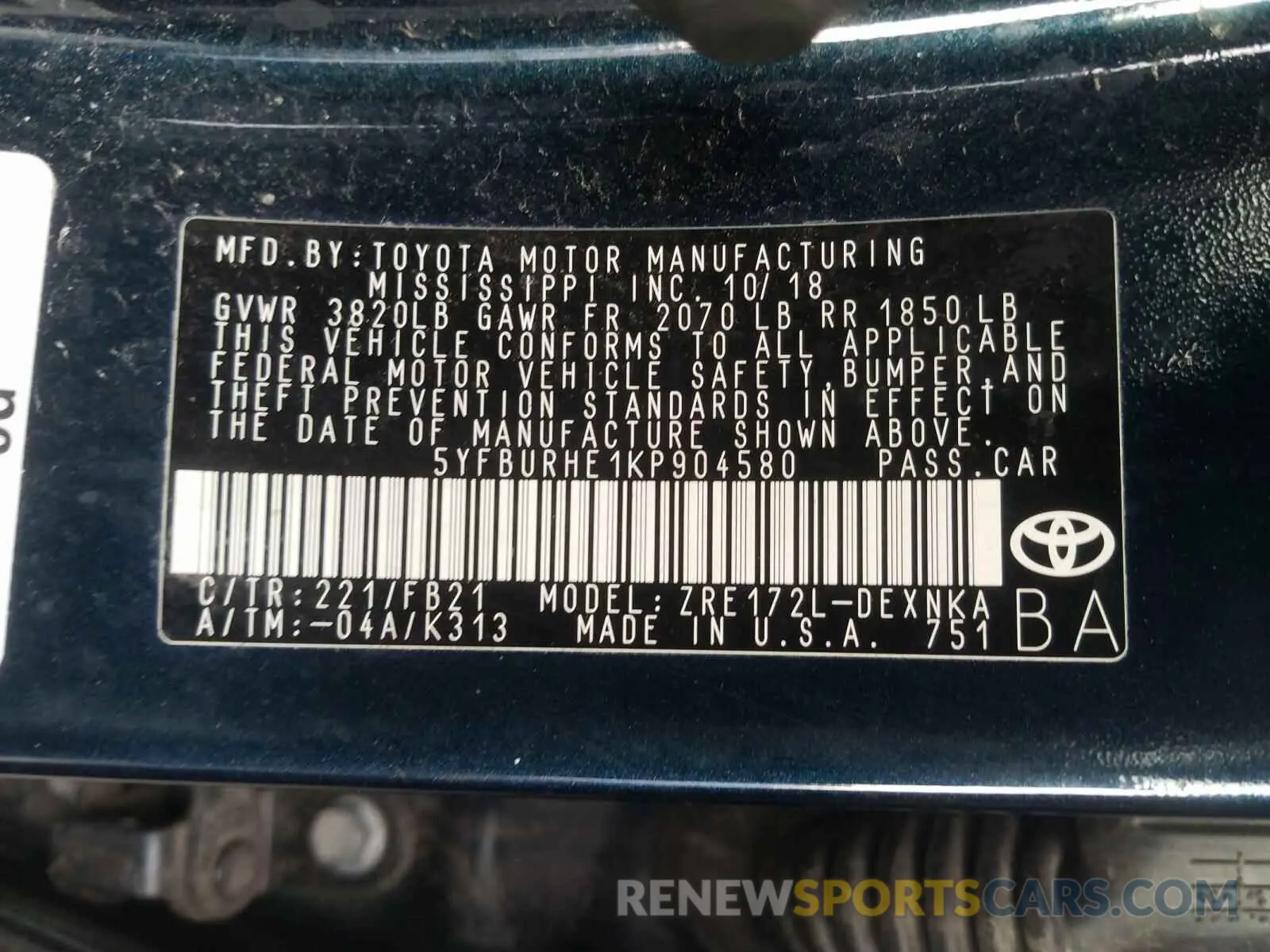 10 Photograph of a damaged car 5YFBURHE1KP904580 TOYOTA COROLLA 2019